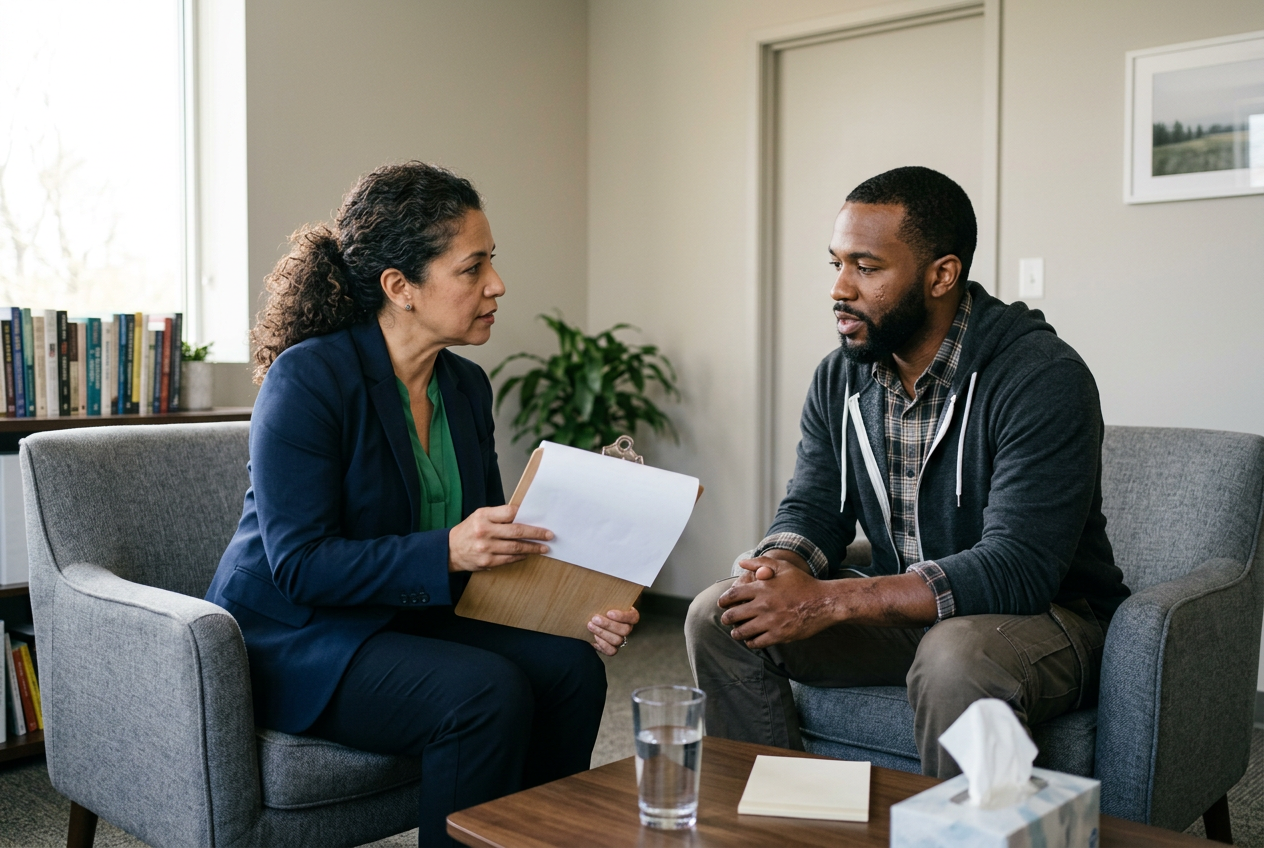 A woman clinician seated facing a male veteran, guiding a structured diagnostic interview