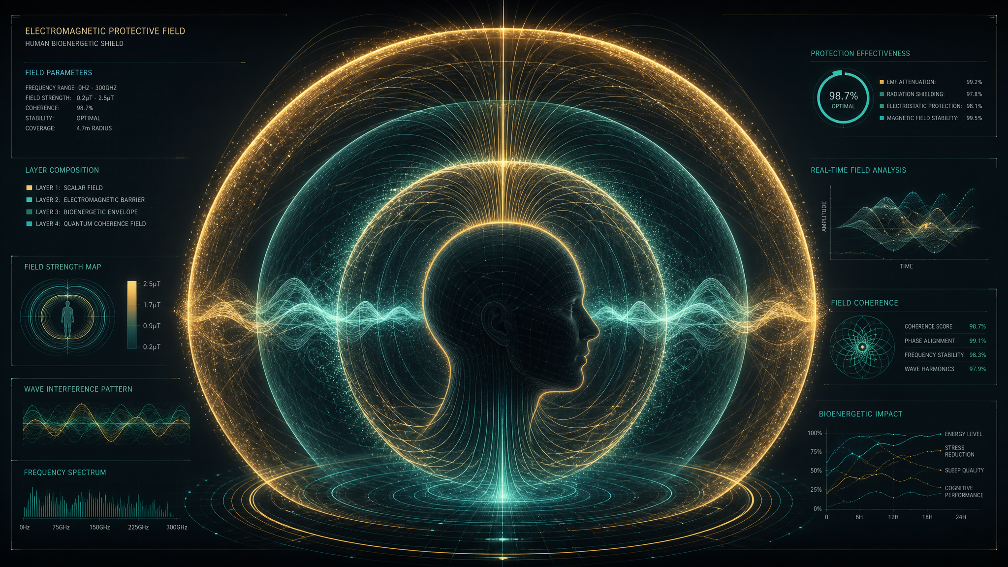 Electromagnetic protective field around a human head silhouette