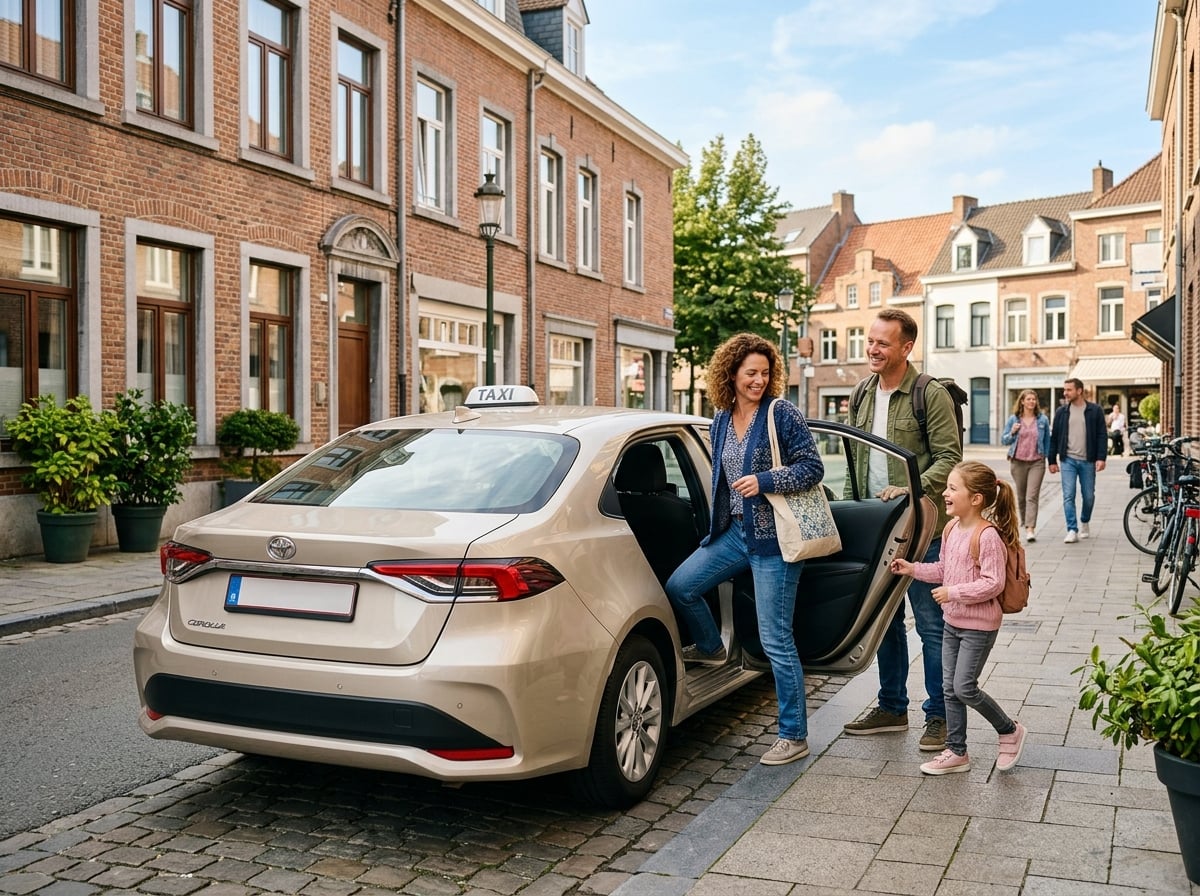Tevreden passagiers stappen in een taxi in Hasselt