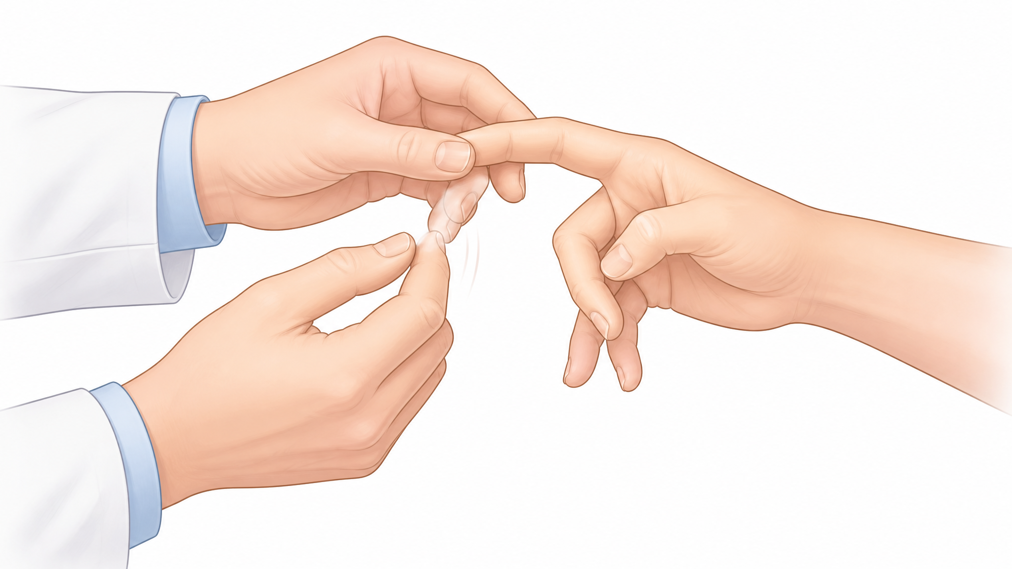 Illustration of a clinician flicking the middle fingernail of a patient's hand to elicit the Hoffmann's reflex, the thumb and index finger flexing in response