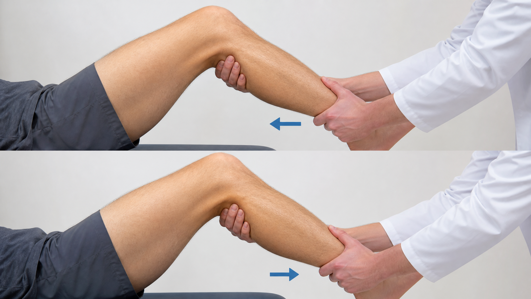 Clinical illustration of the anterior and posterior drawer test on a knee bent to ninety degrees with the shin pushed and pulled
