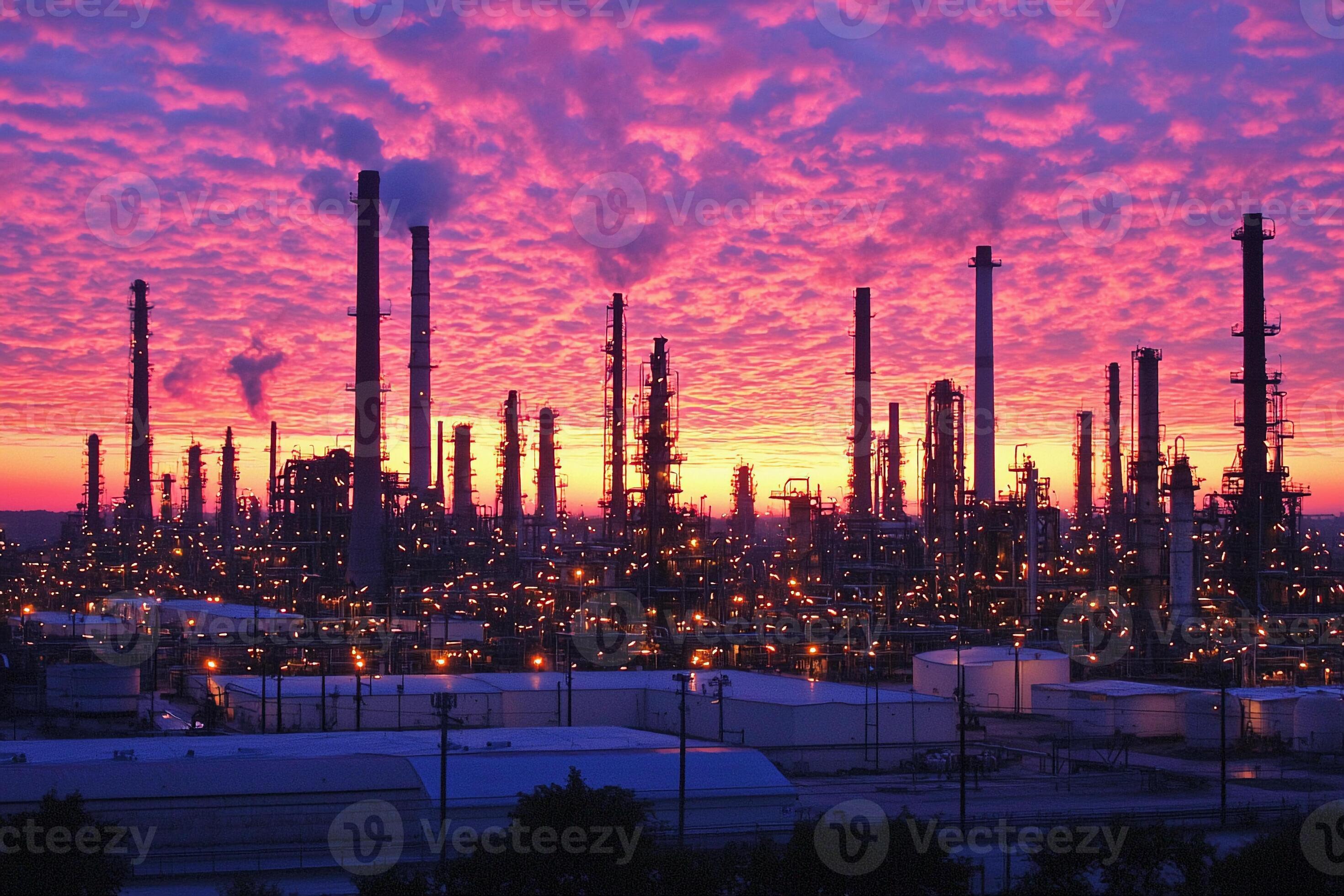 Oil refinery at sunset with industrial infrastructure