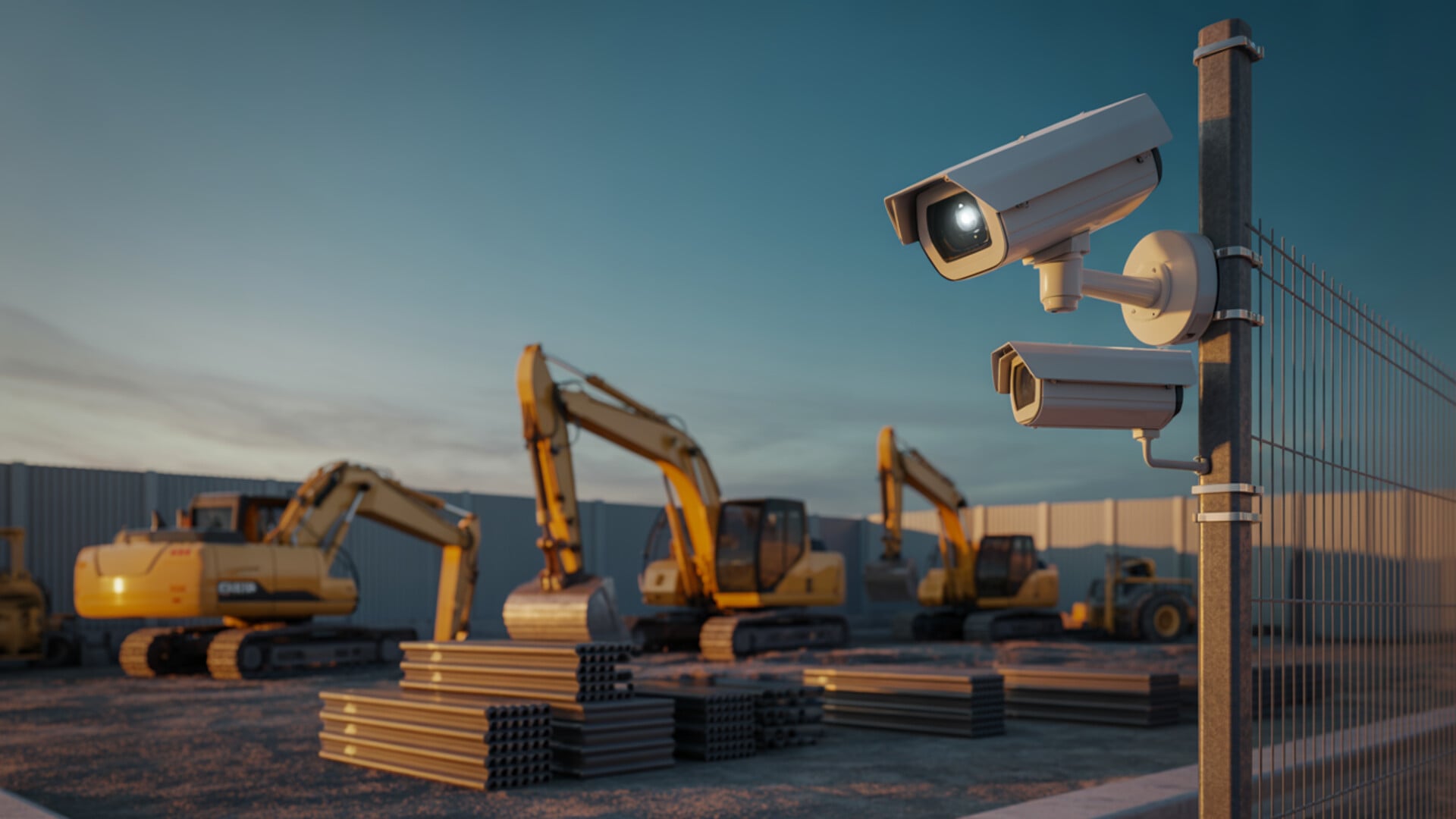 Construction site at dusk protected by security cameras and LED lighting in Arizona