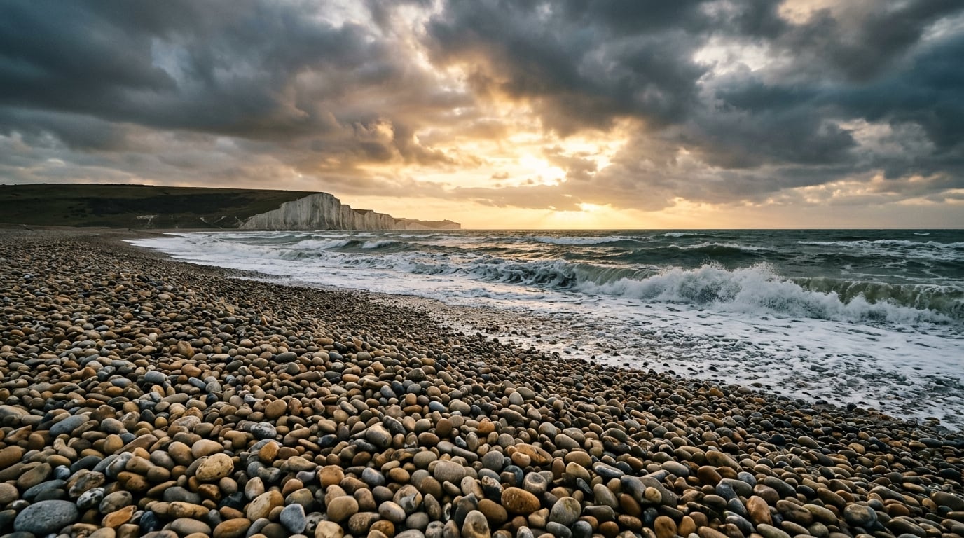 Dramatic UK pebble beach with waves and golden sky