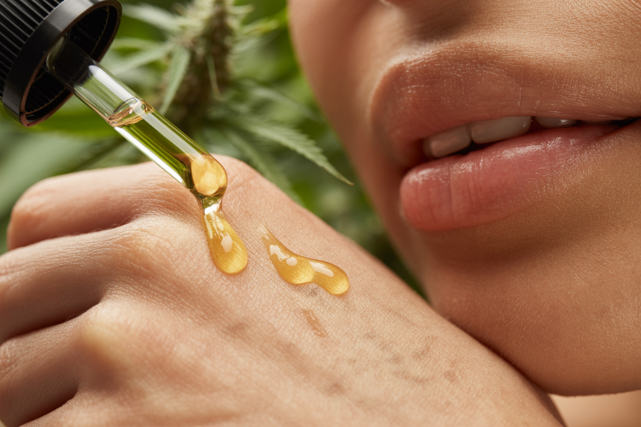 CBD serum being applied to skin showing texture and absorption