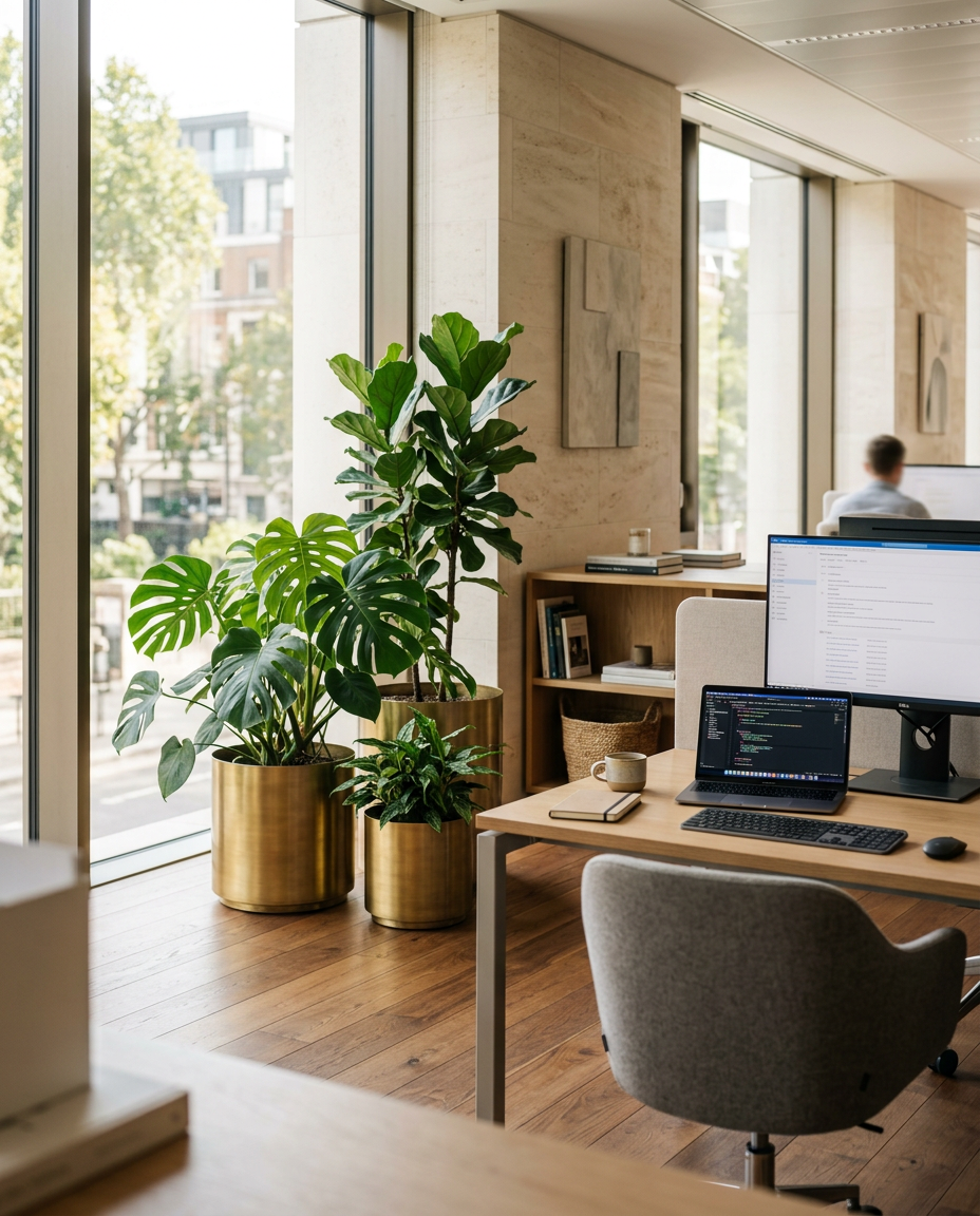 Thriving modern office with metallic planters and technology