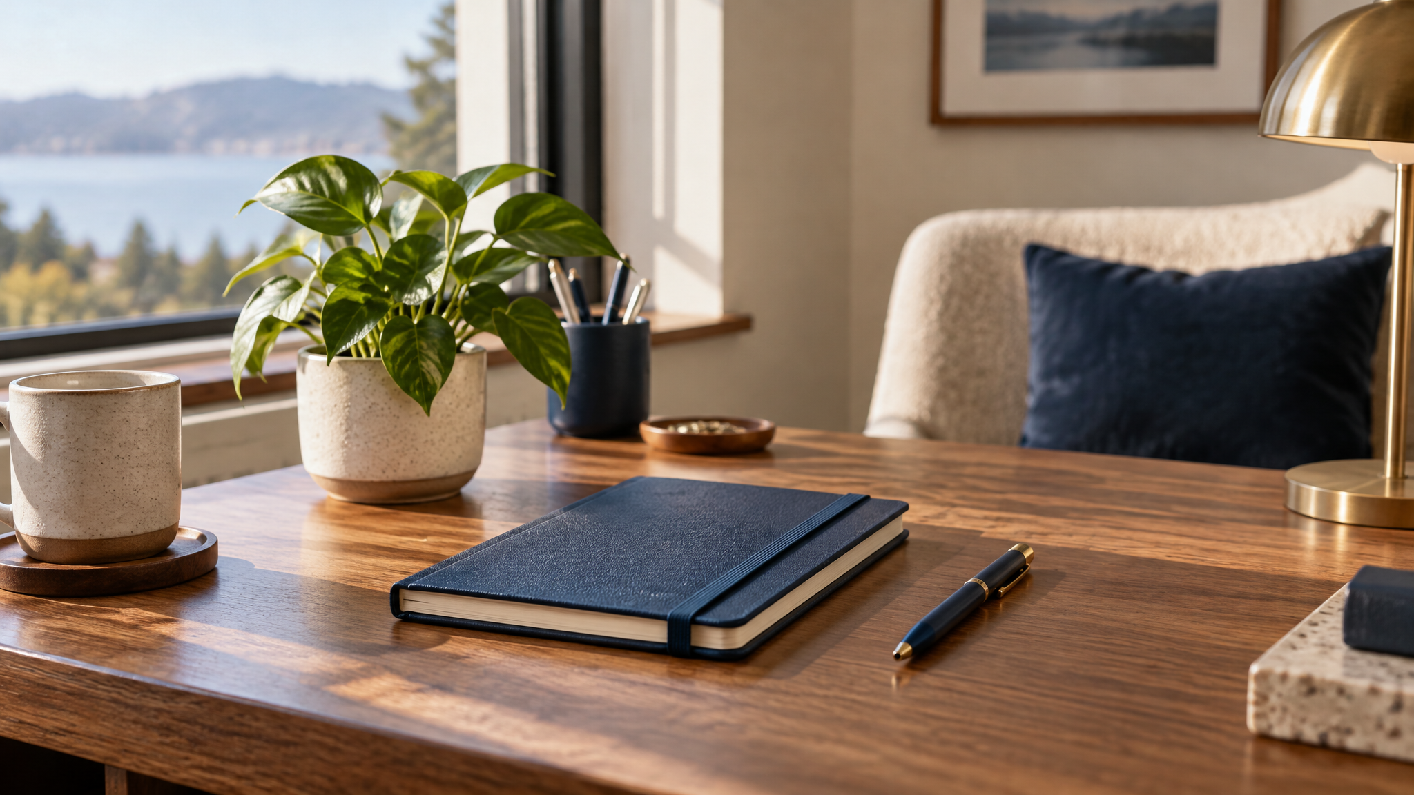 Mesa organizada e minimalista com agenda, caneta e planta