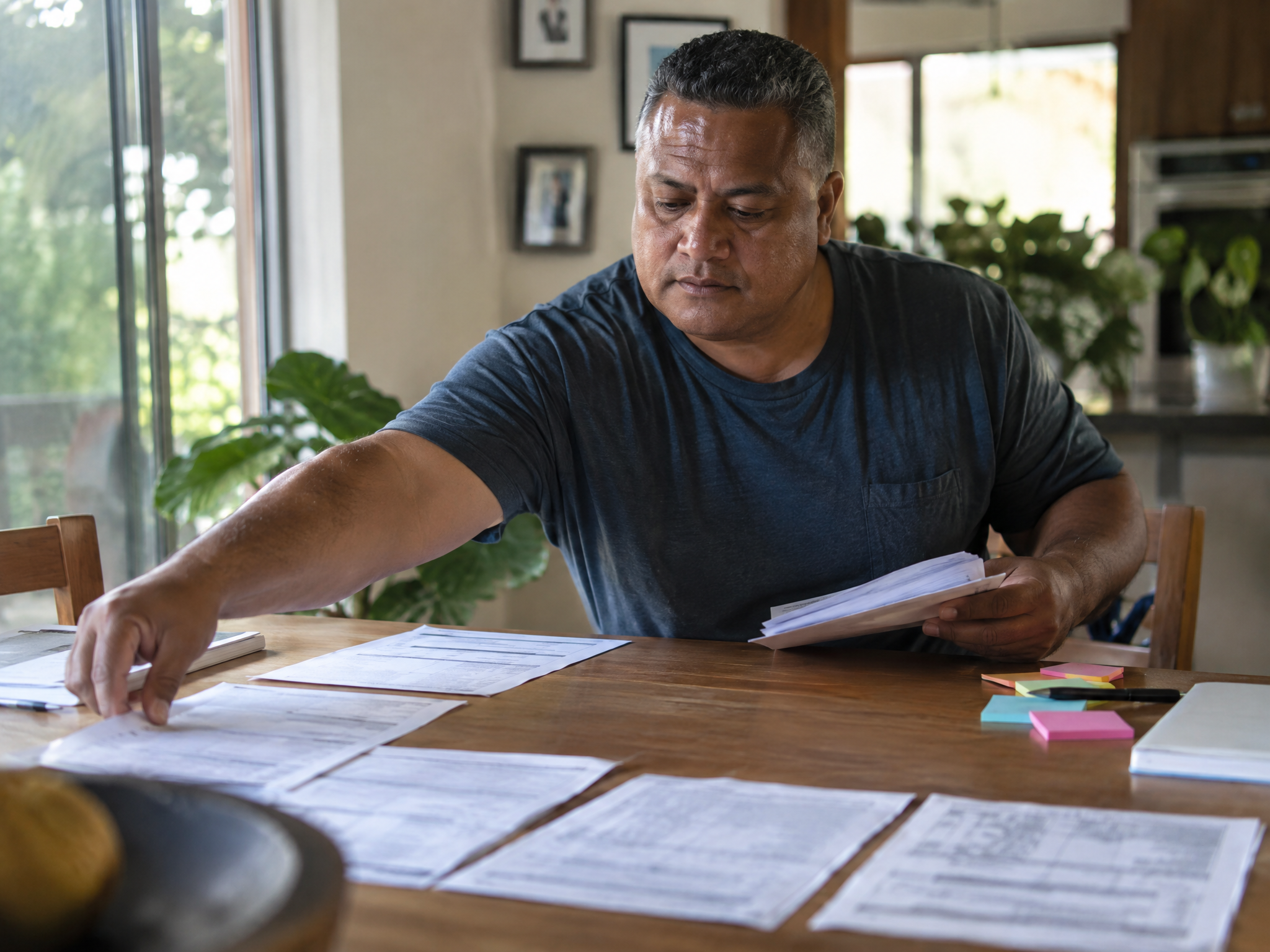 Veteran laying out his medical records in a row with one clear gap
