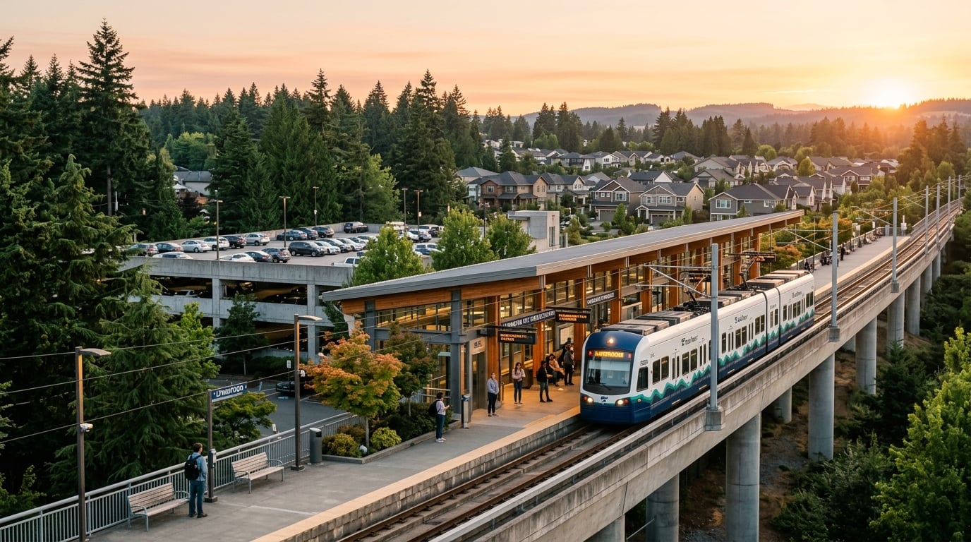A Sound Transit light rail train at an elevated suburban station in Snohomish County at golden hour, with evergreen trees, a park-and-ride garage, and residential neighborhoods — the Lynnwood Link commute for Amazon employees