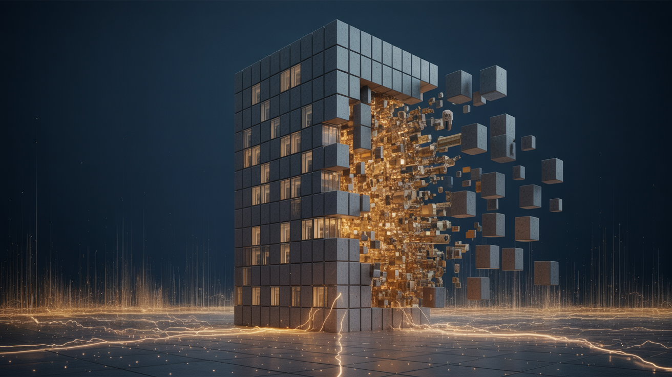 Büroturm umschlungen von goldenen Datenströmen – monolithische Software wird durch modulare Agenten-Bausteine ersetzt