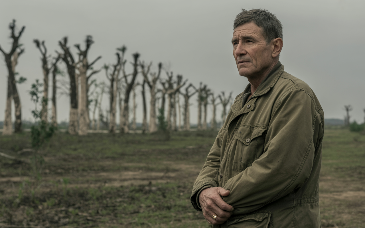 A Vietnam-era veteran standing near a defoliated treeline evoking Agent Orange exposure