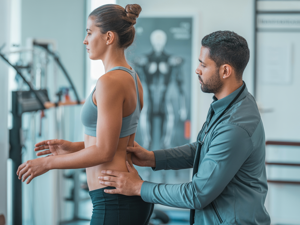 Kinesiologist performing movement assessment on a patient