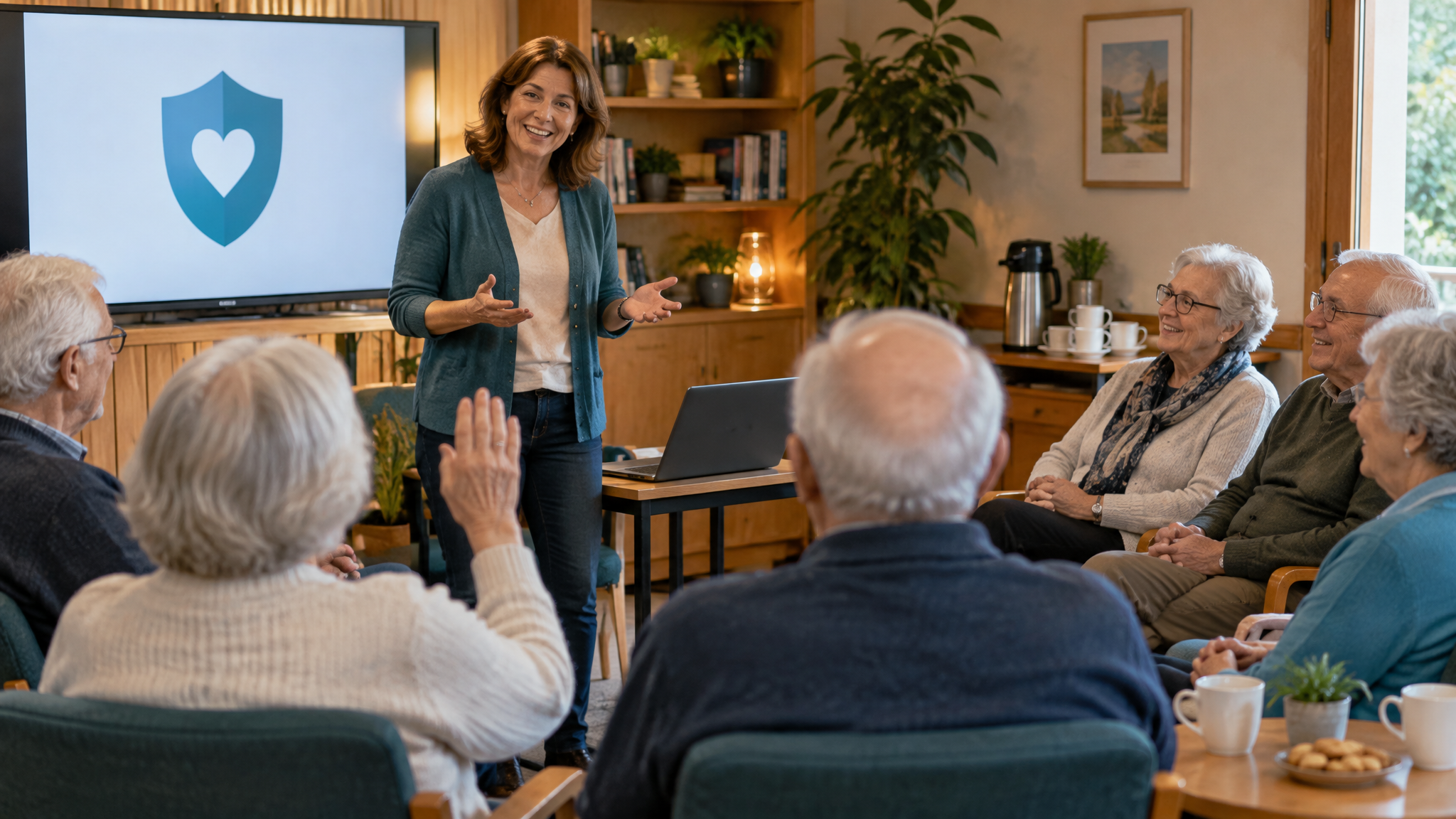 Een presentator legt cyberveiligheid uit aan een groep senioren in een gezellig buurthuis