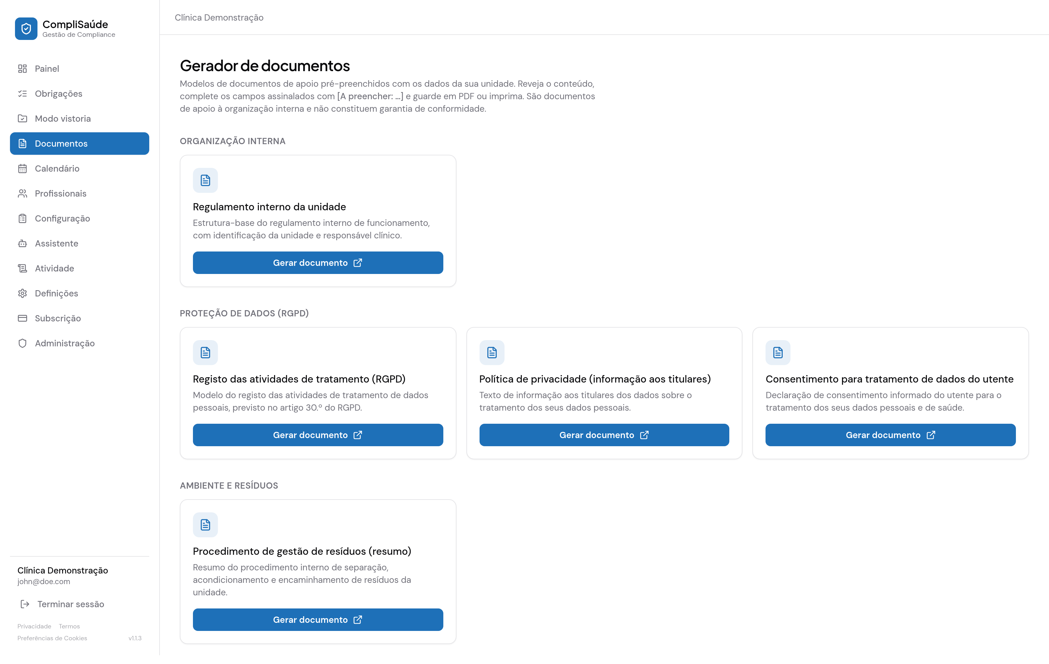 Gerador de documentos — modelos organizados por área