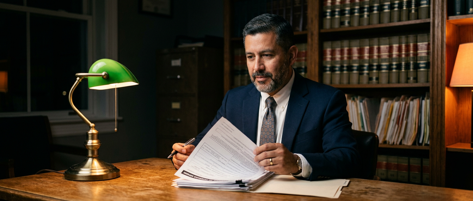 A confident Hispanic accredited veterans-benefits advocate in his forties seated at a desk in a dim office, reviewing claims paperwork under warm desk lighting with shelves of regulation books behind him