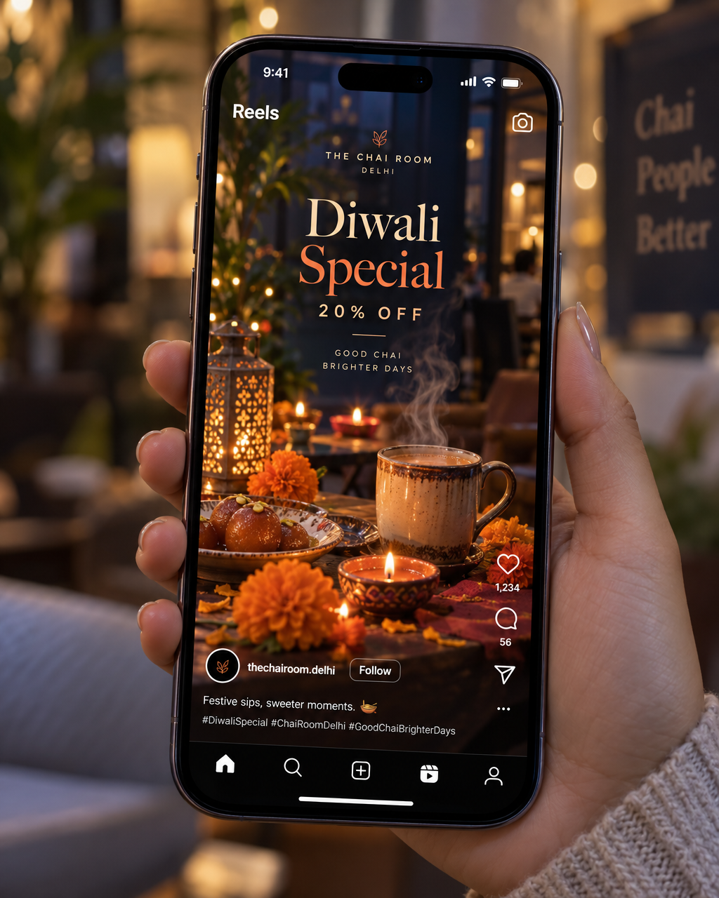 Instagram reel cover for a Delhi cafe Diwali offer shown on a phone