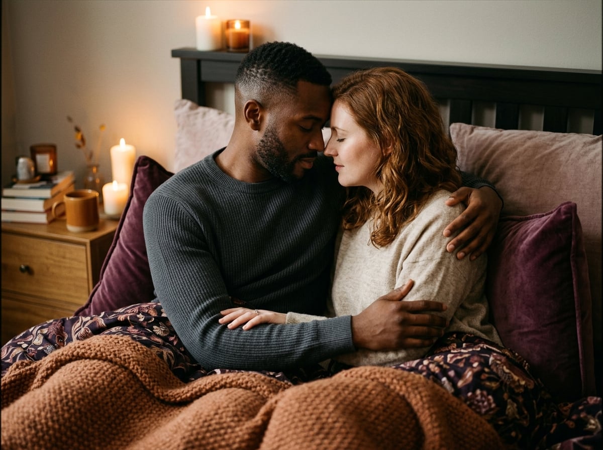 Diverse couple sharing a tender intimate moment in warm candlelight
