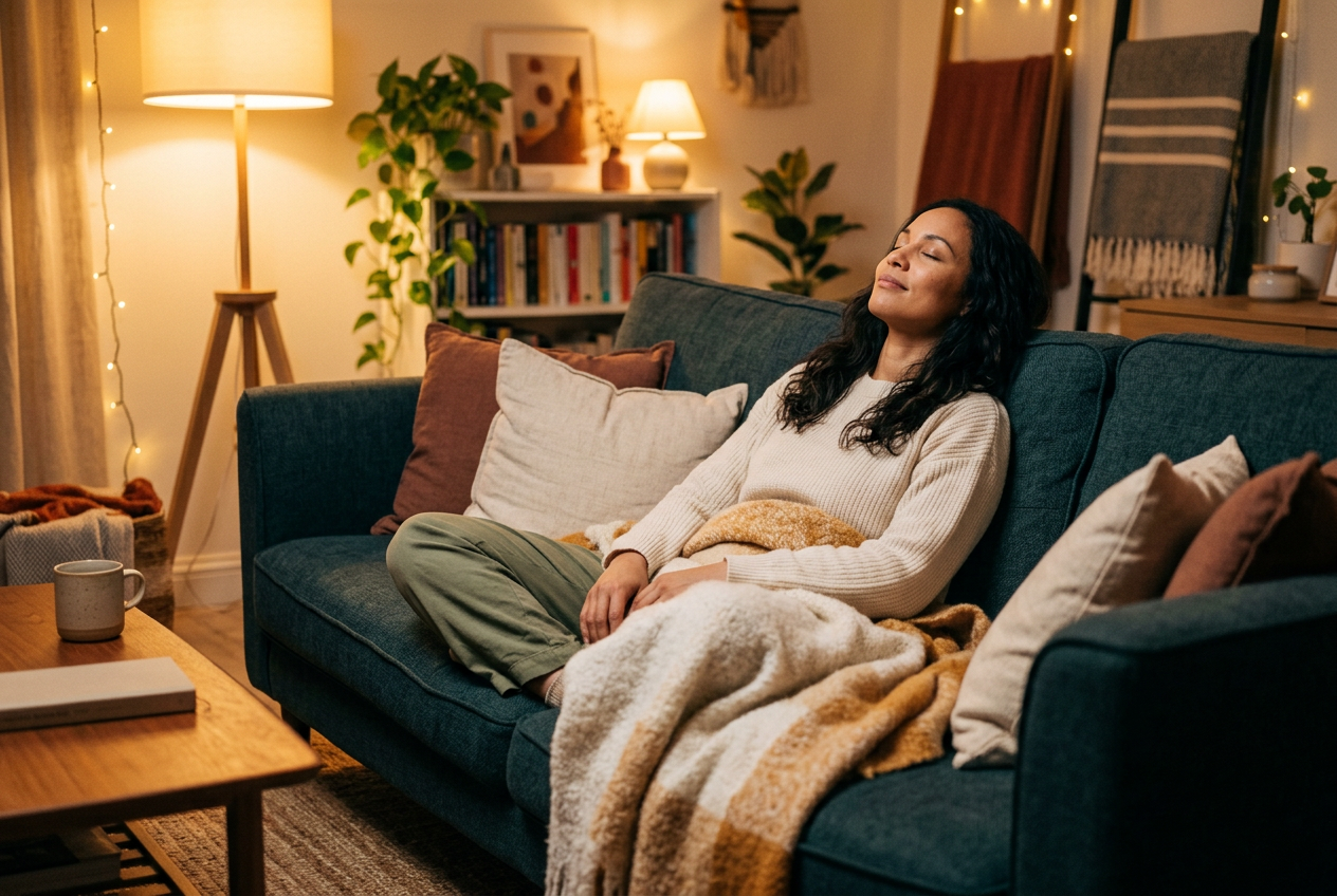 Woman relaxed and at ease on her sofa in the evening, free of neck tension