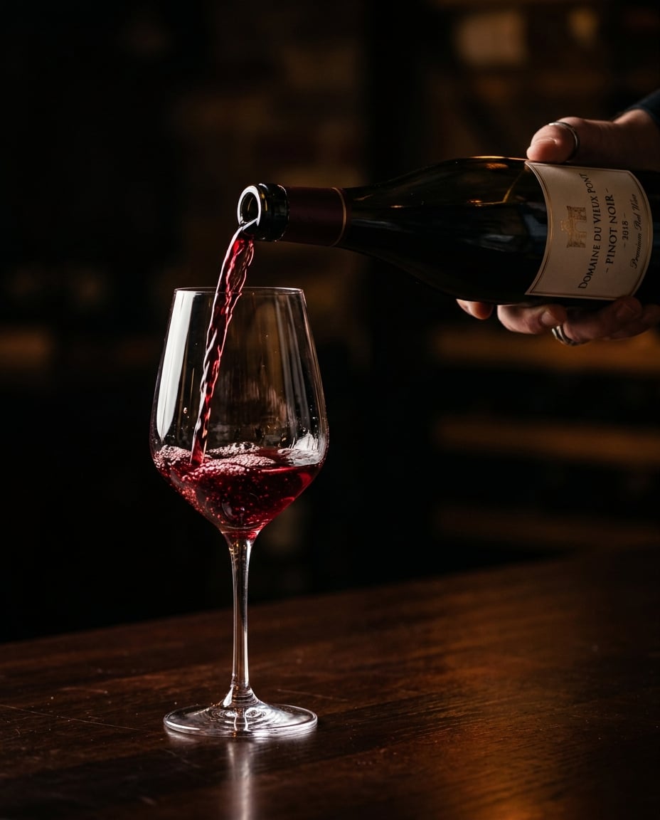 Red wine being poured into a crystal glass