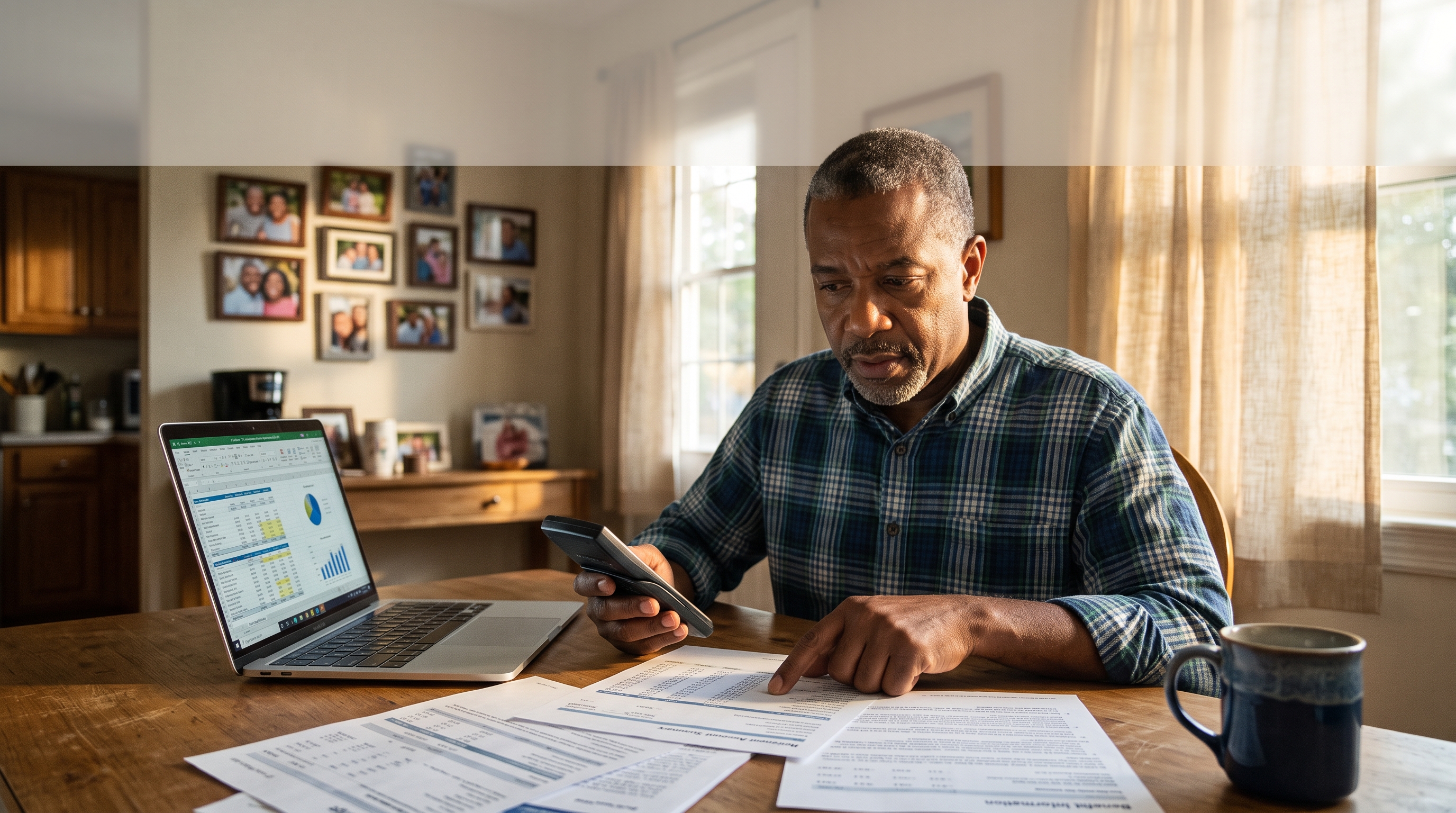 A retired veteran at a kitchen table reviewing military retired-pay statements and VA benefit paperwork with a calculator and laptop