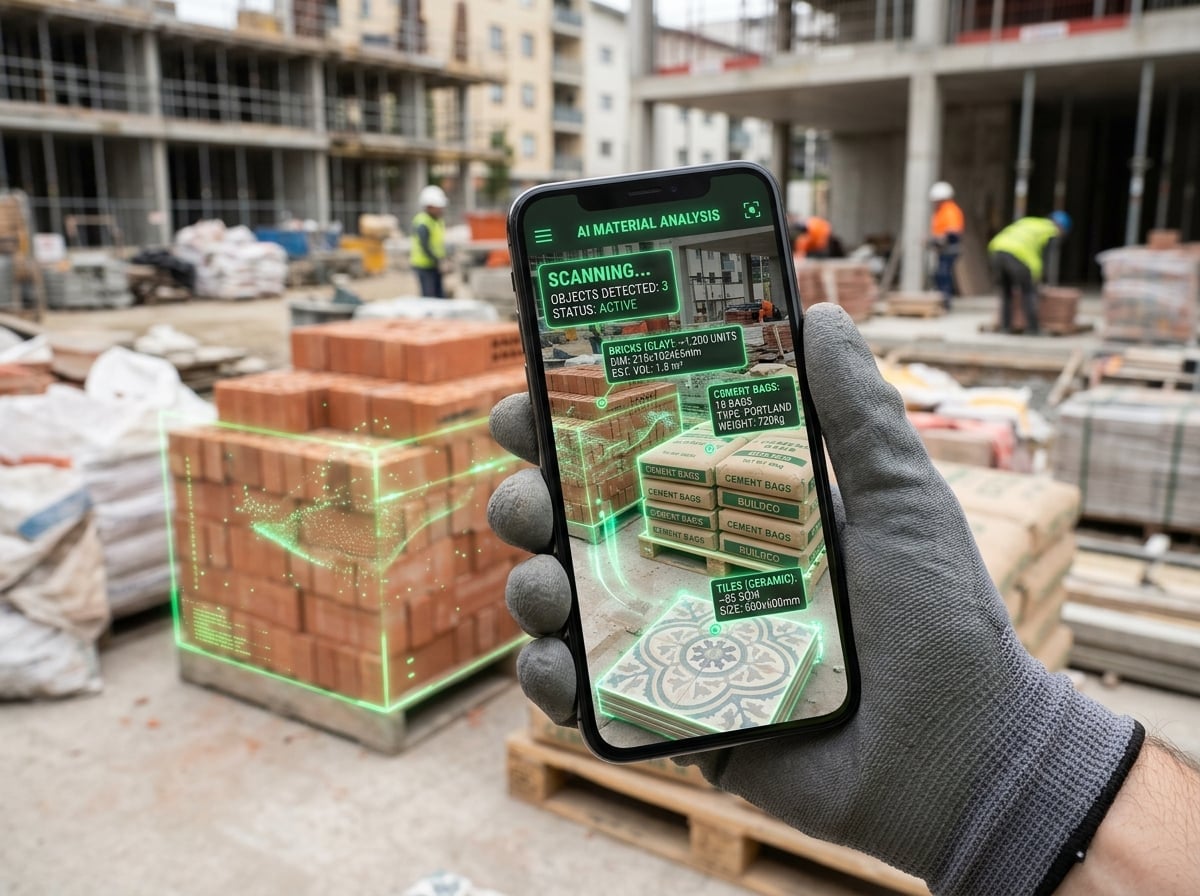 Smartphone com IA analisando materiais de construção