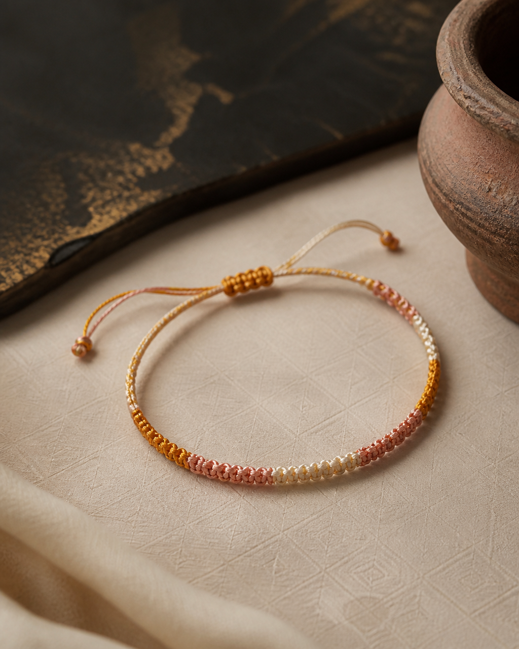 The Siem Reap Thread, hand-knotted silk bracelet in saffron, rose, ivory