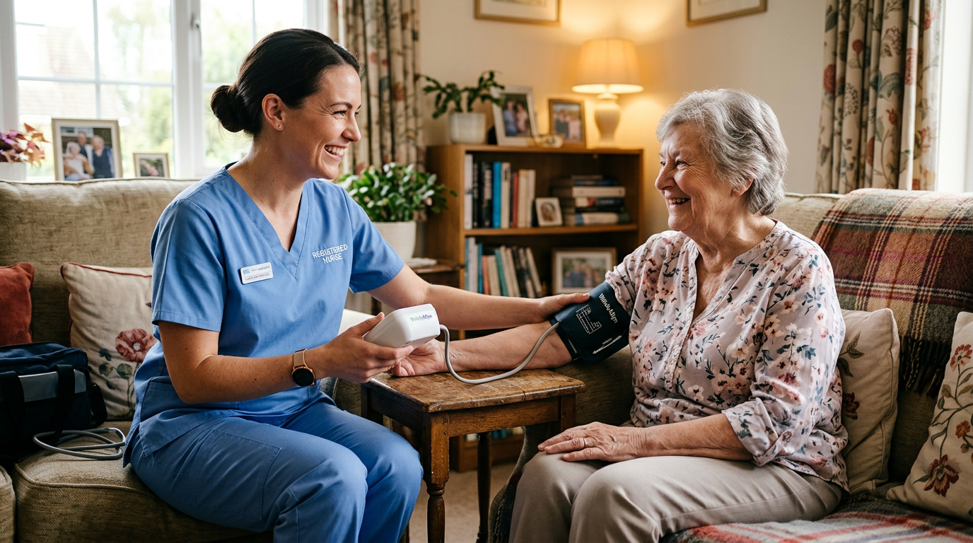 Nurse checking an elderly woman’s blood pressure at home