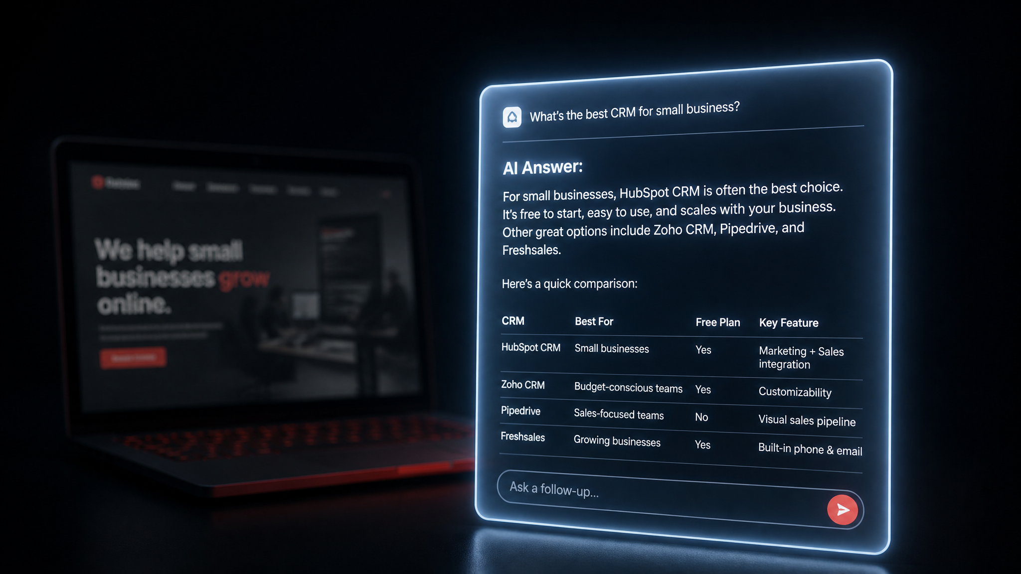 A glowing AI answer box in the foreground while a small business website fades into the background