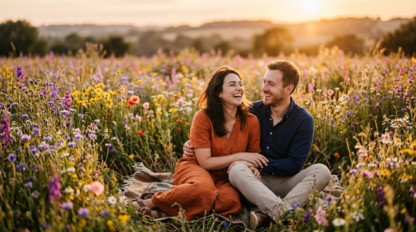 Couple laughing together in flower field