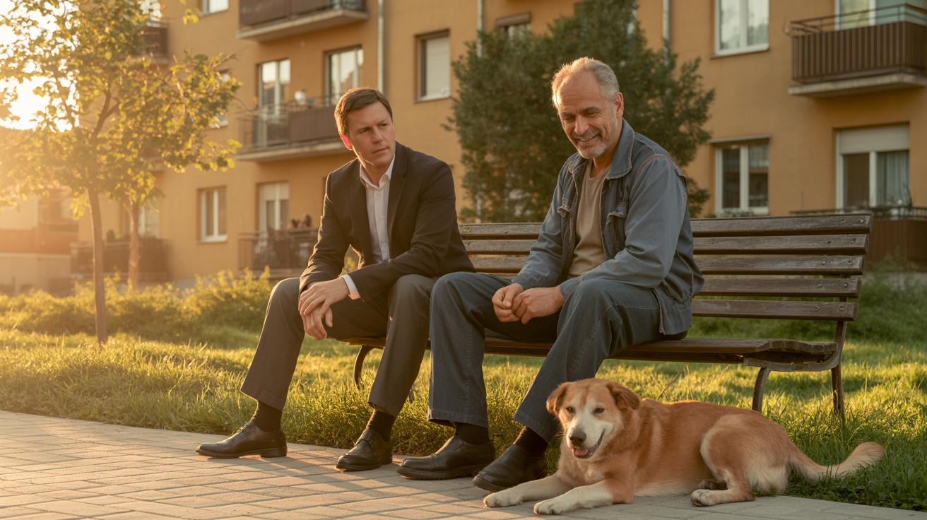 Darko sedi na klupi pored komšije Steve dok komšijin pas leži mirno pored njih u zlatnom vecernjem svetlu