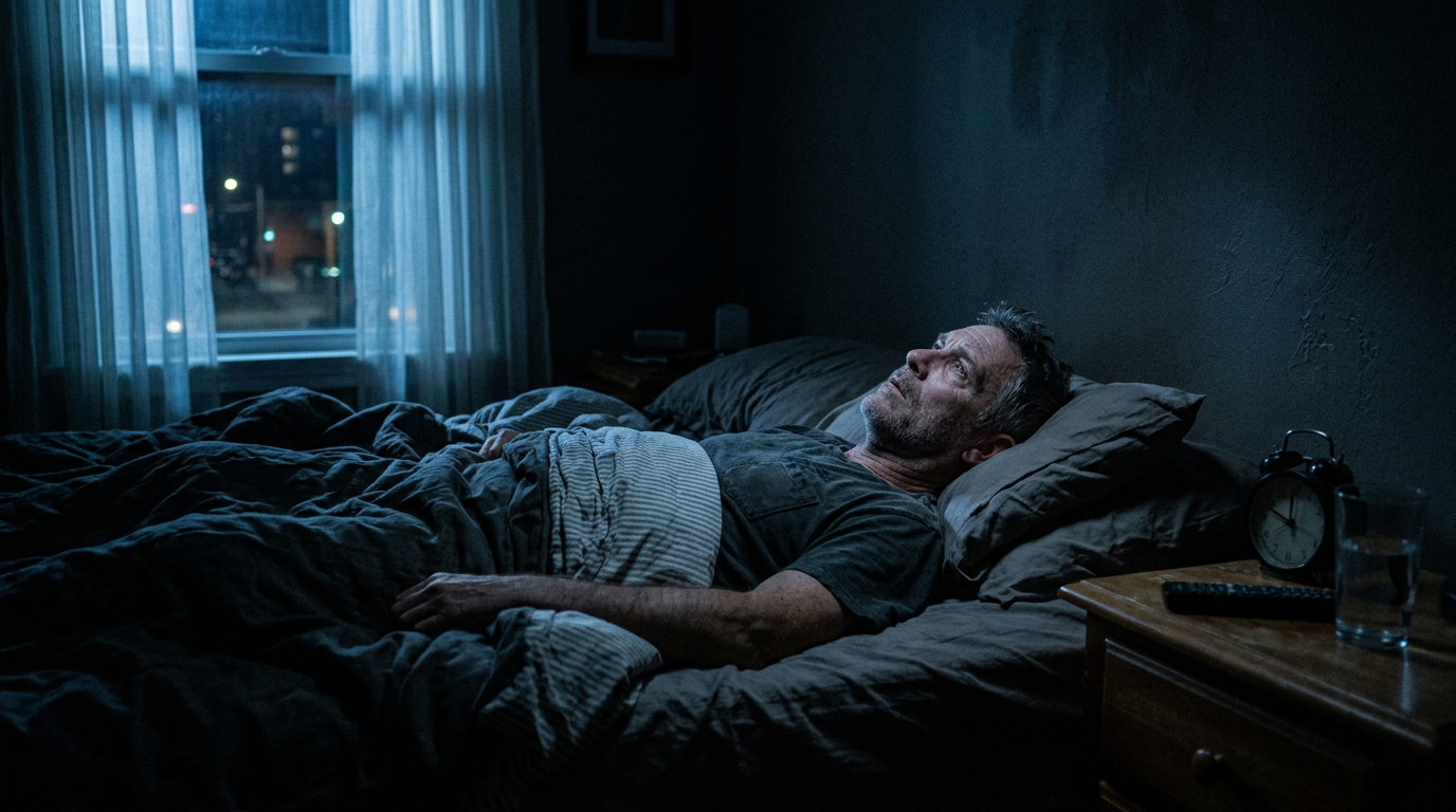 Photograph of a fatigued veteran lying awake in bed at night, unable to sleep