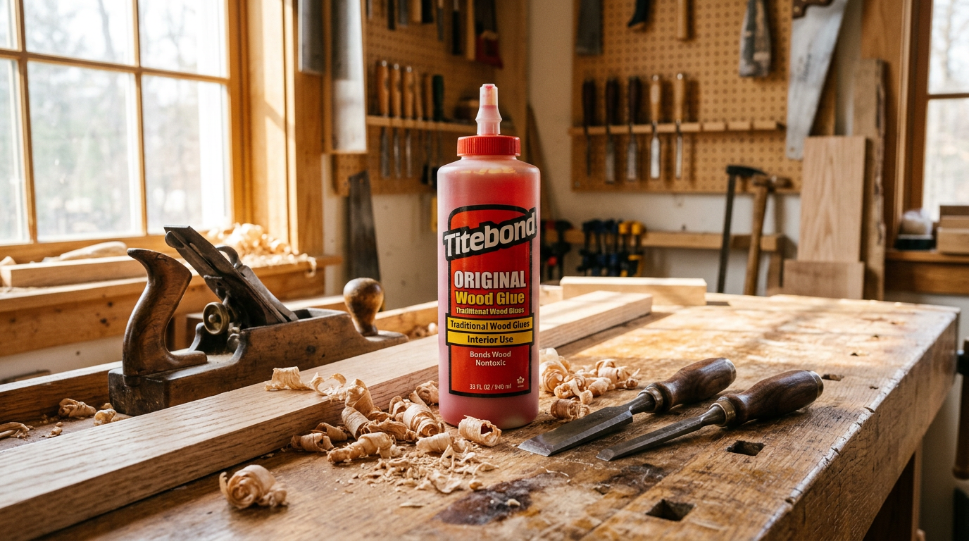 Pegamento Titebond Original en taller de carpintería con herramientas de madera