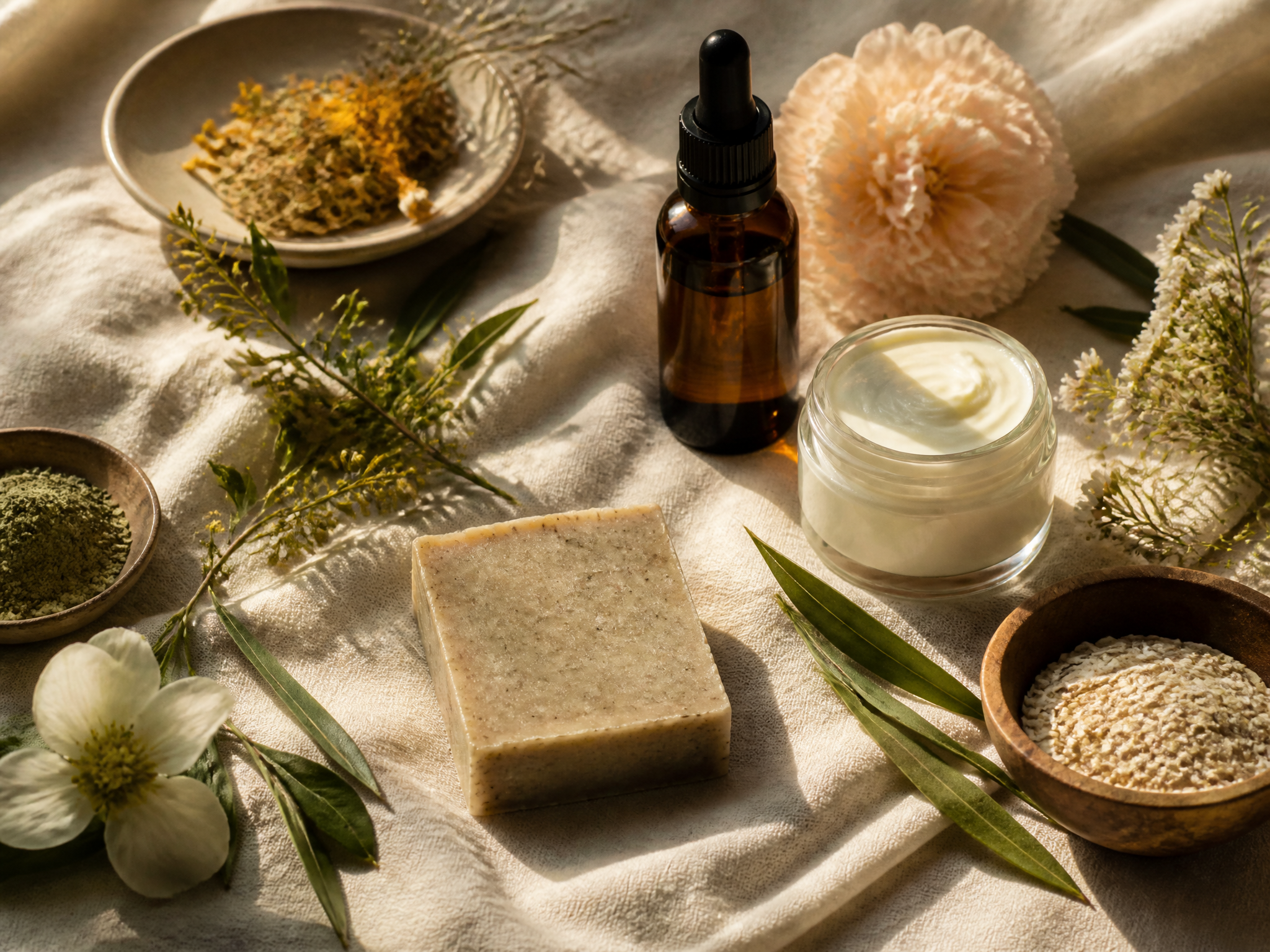 Natural botanicals and raw ingredients beside unbranded beauty and care products