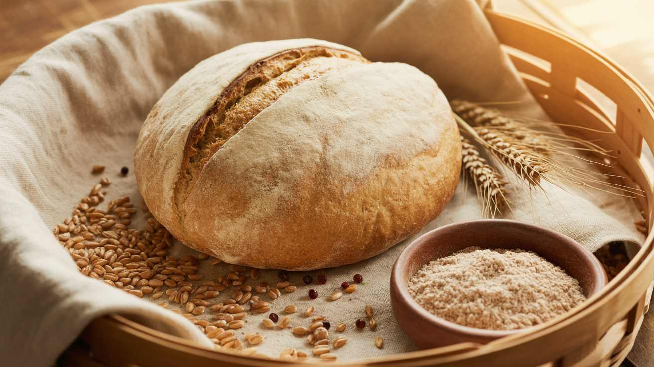 Golden-crusted spelt sourdough boule with a visible ear resting on a linen-lined wooden banneton basket with scattered spelt grains, a bowl of light tan spelt flour, and wheat stalks nearby