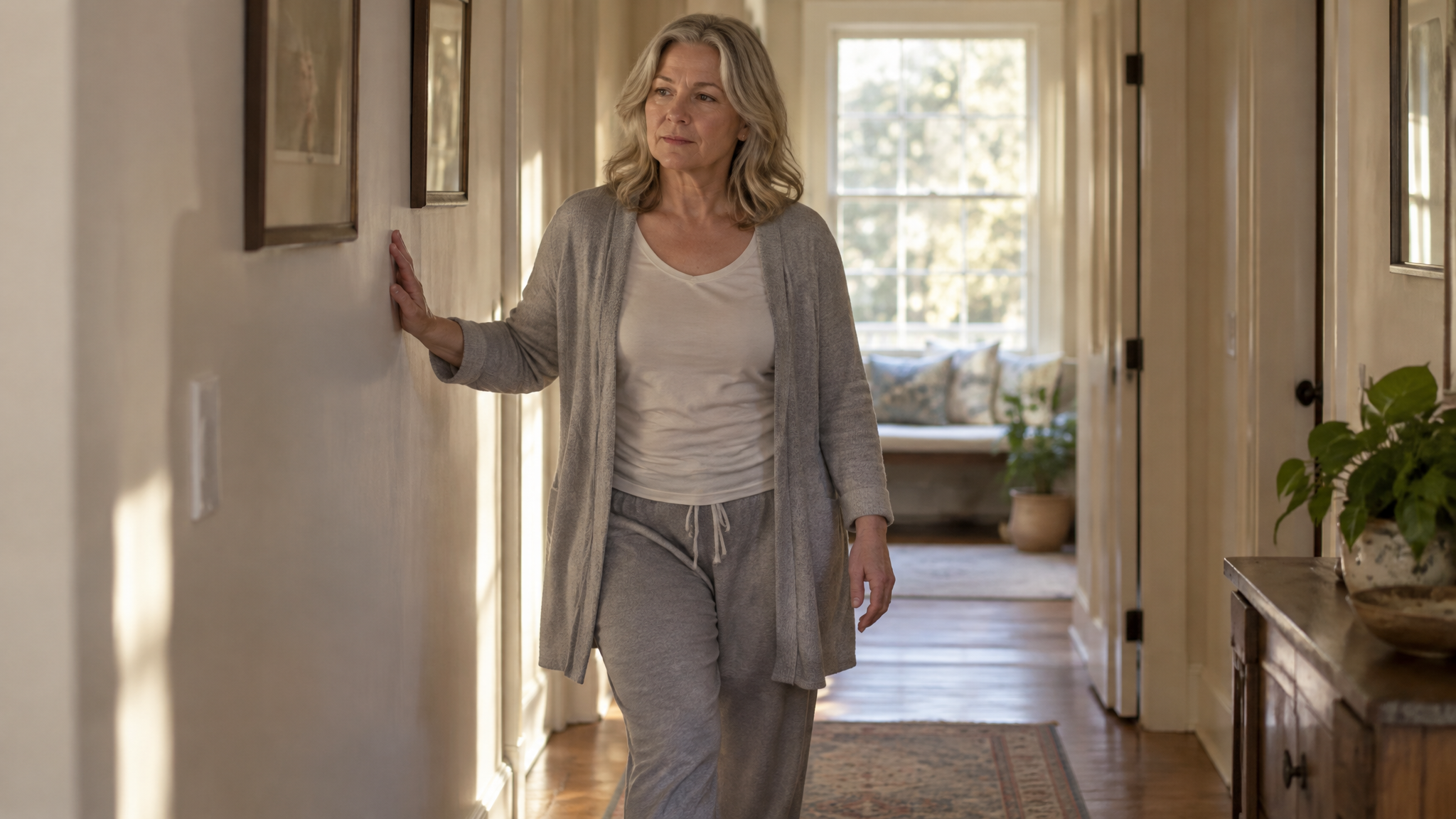 A woman veteran in loose clothes walking slowly down a sunlit hallway at home with one hand on the wall