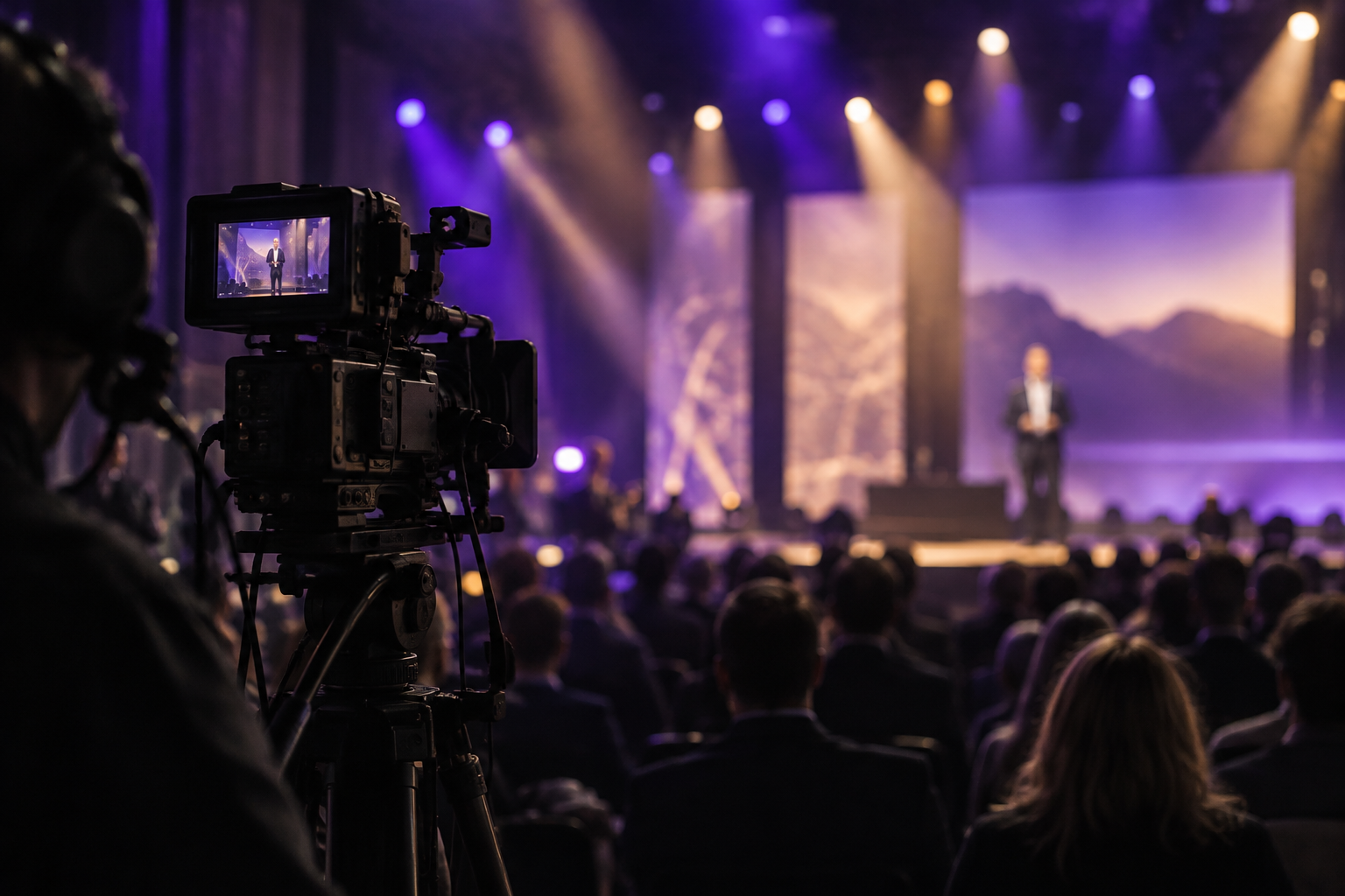Cinema camera filming a live conference with stage lighting