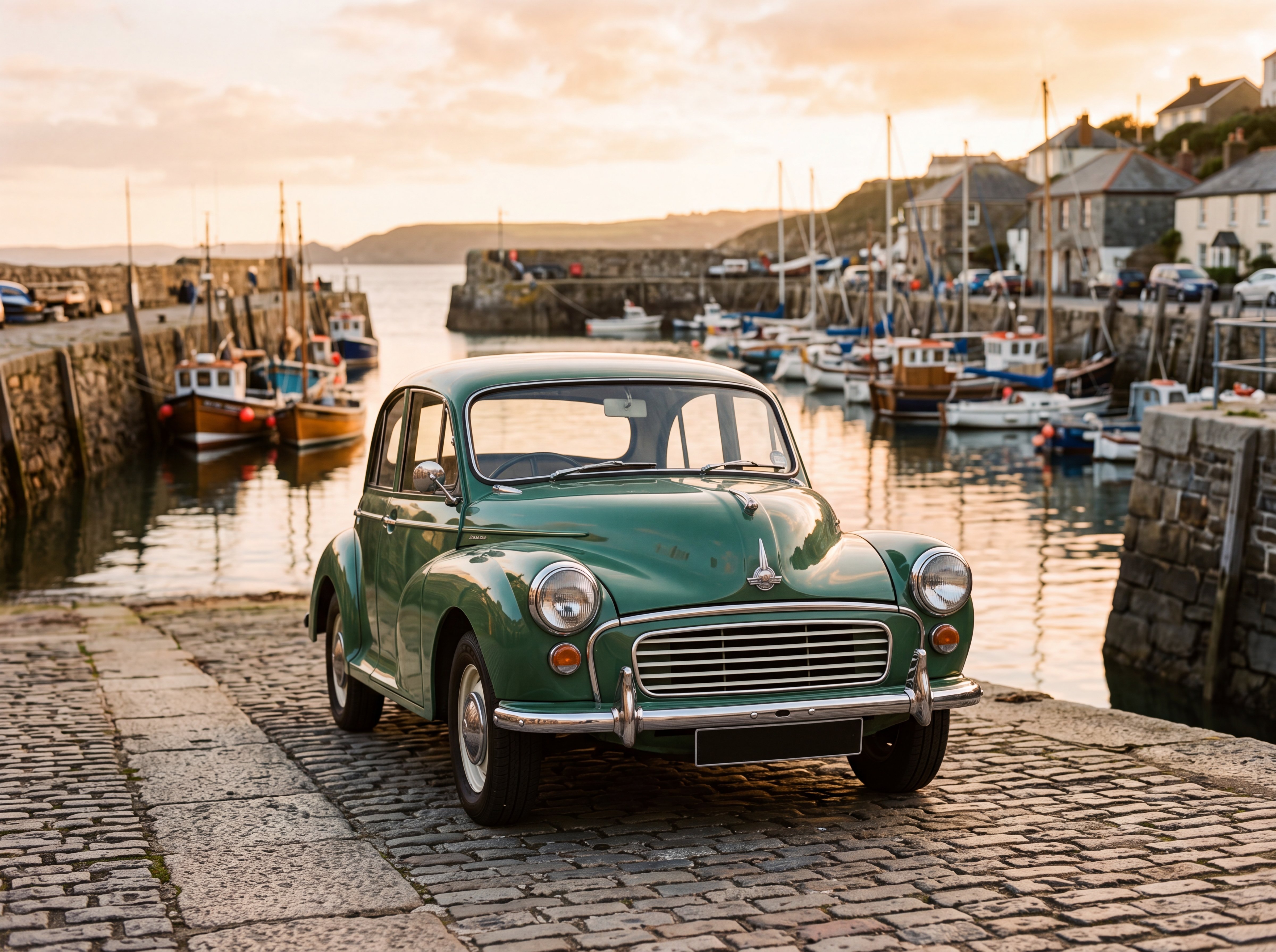 1967 green Morris Minor at a Cornish harbour at golden hour