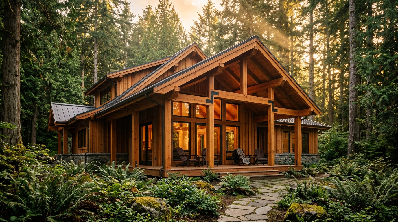 Western Red Cedar timber-frame home with covered porch in a coastal forest at golden hour