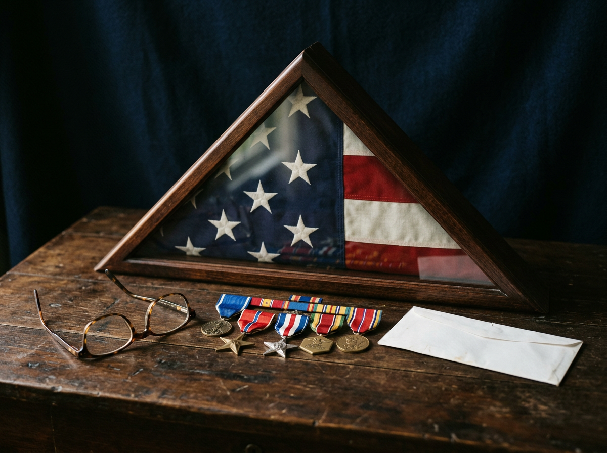 Folded American flag in a display case beside a veteran's service medals