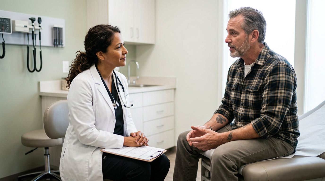 Hispanic female physician conducting an empathetic clinical consultation with a male veteran in an exam room