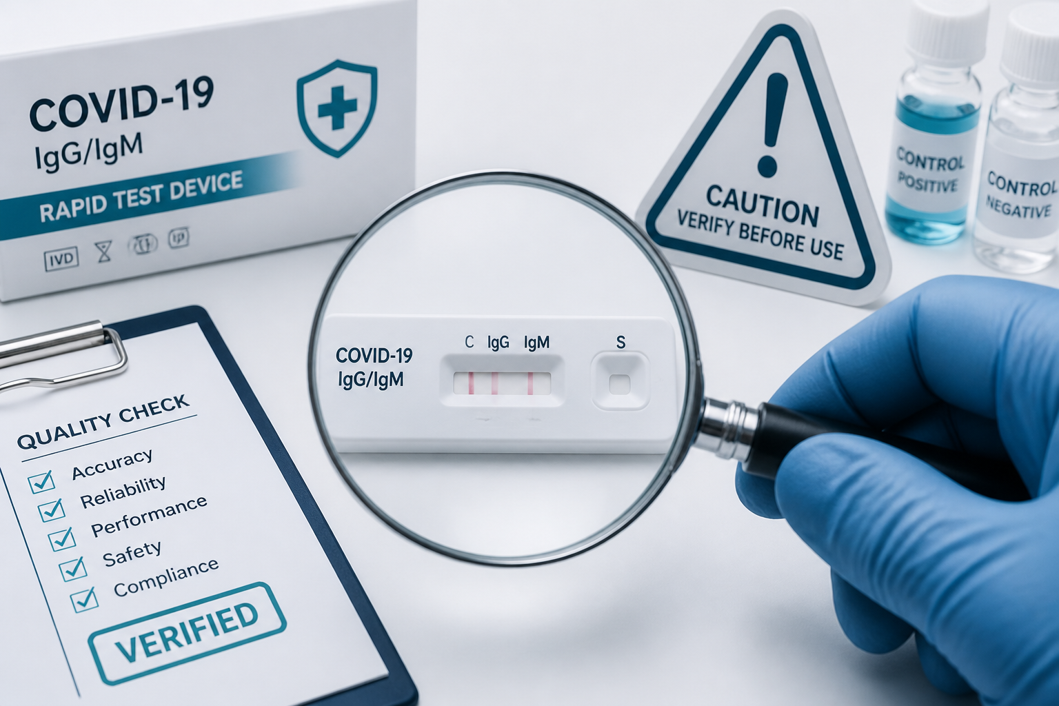 Magnifying glass examining antibody test kit quality
