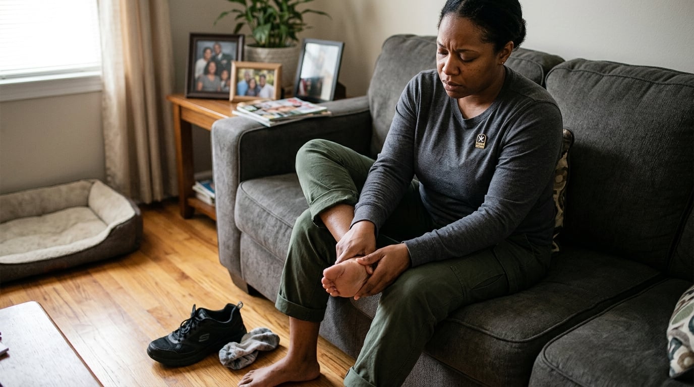 A woman veteran massaging the aching arch of her bare foot