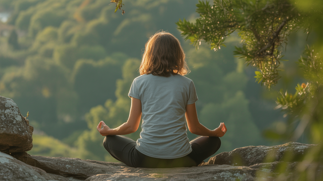 Person meditating peacefully in a serene forest setting with sage green foliage