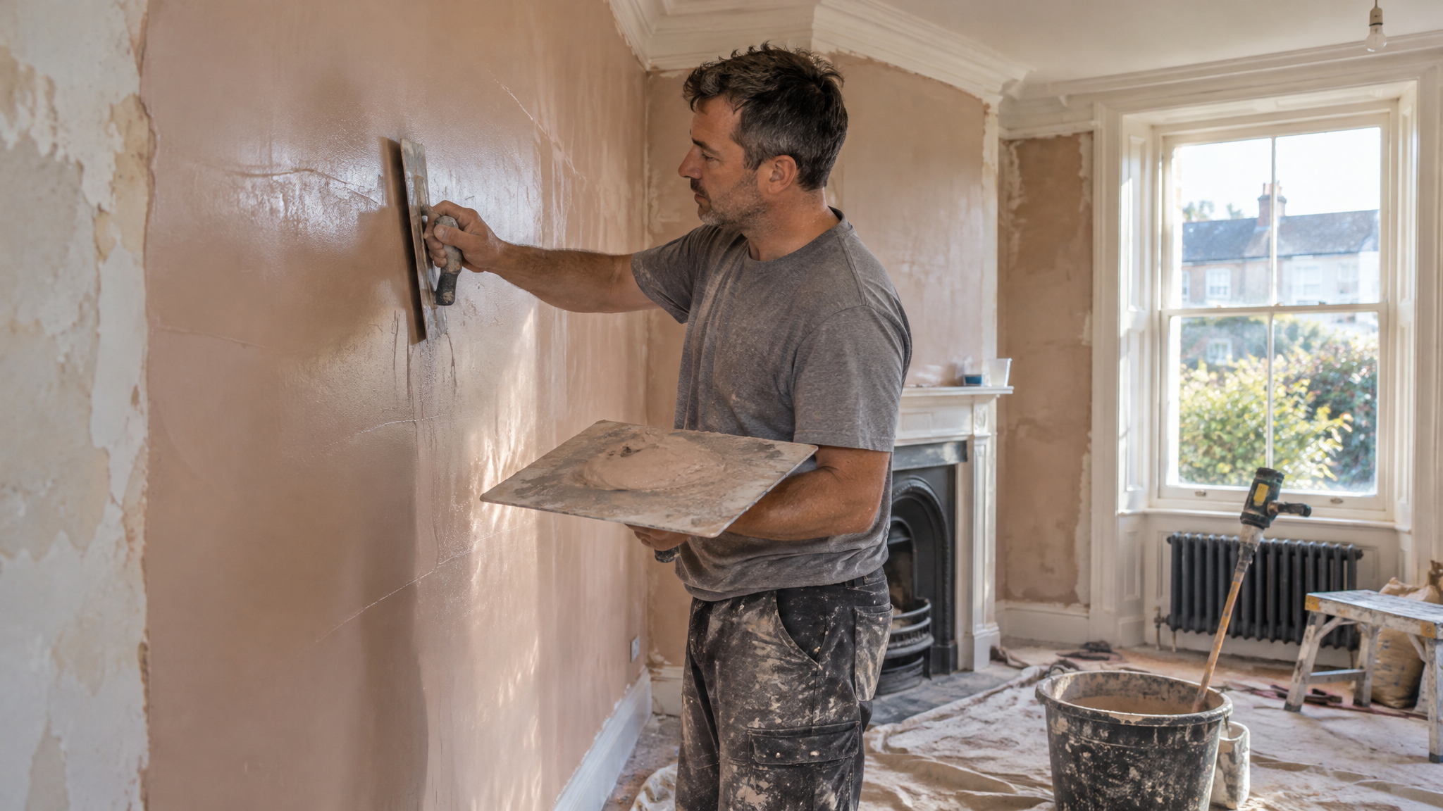 Plasterer skimming an interior wall with a trowel and hawk
