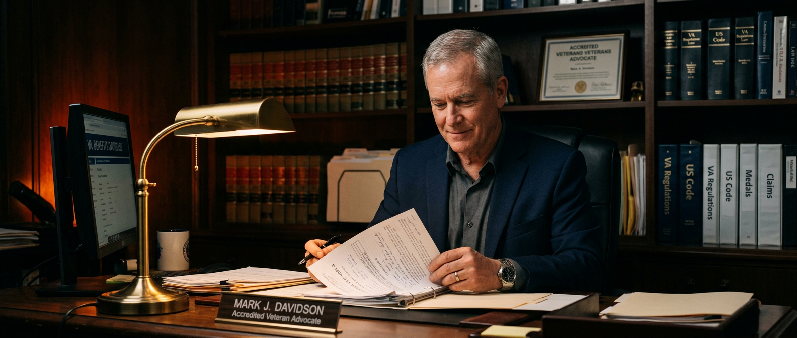 A confident white male accredited veterans-benefits advocate in his fifties seated at a desk in a dim office, reviewing an open claims file under a warm desk lamp with shelves of regulation books behind him