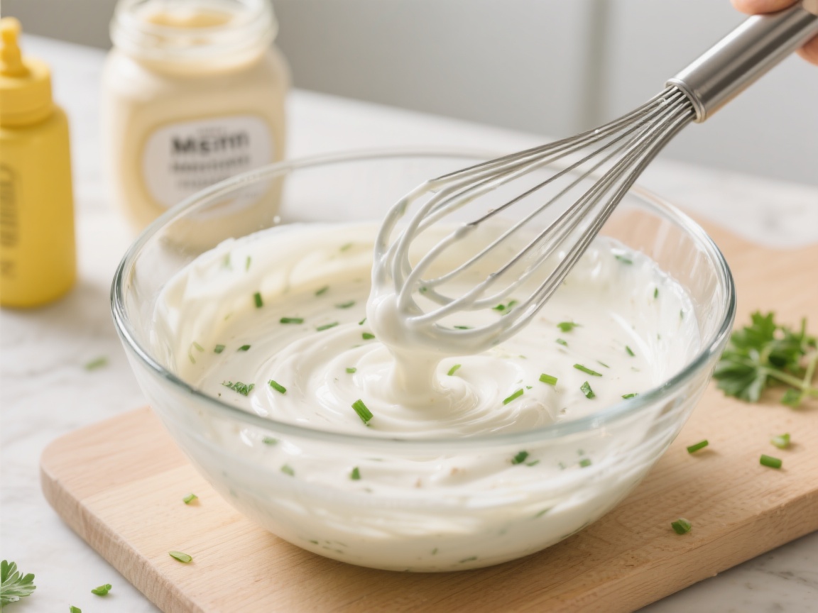 Salade de Pomme de Terre 6 Gros plan d’une salade de pommes de terre crémeuse avec mayonnaise, ciboulette et cornichons.