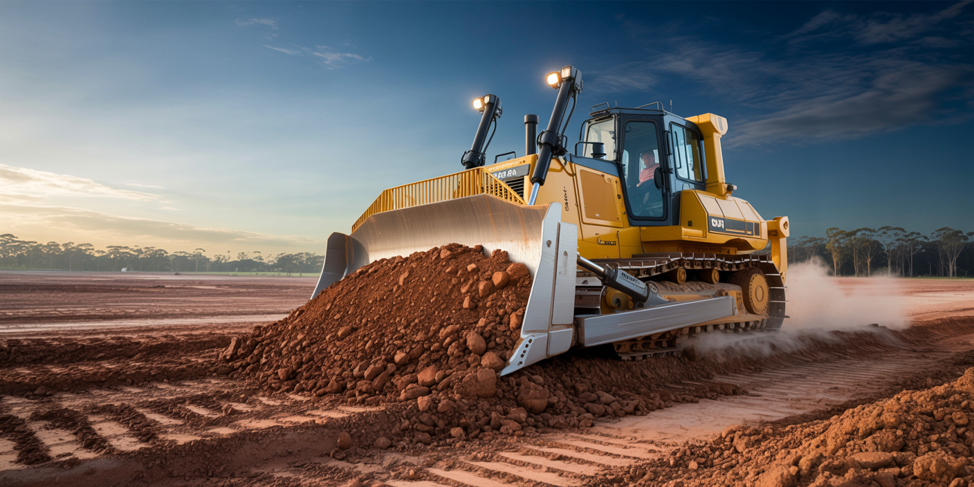 Bulldozer pushing earth on Australian construction site at golden hour