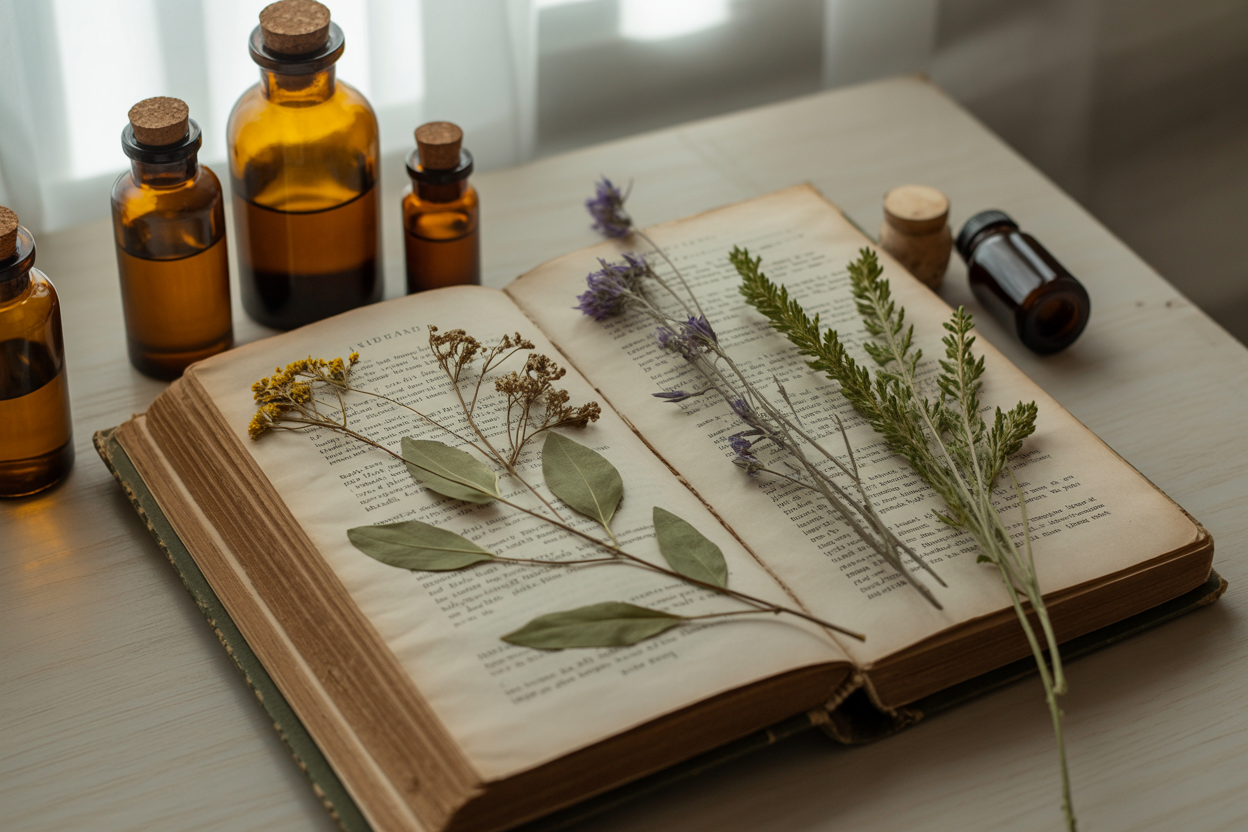 Vintage botanical book with pressed herbs