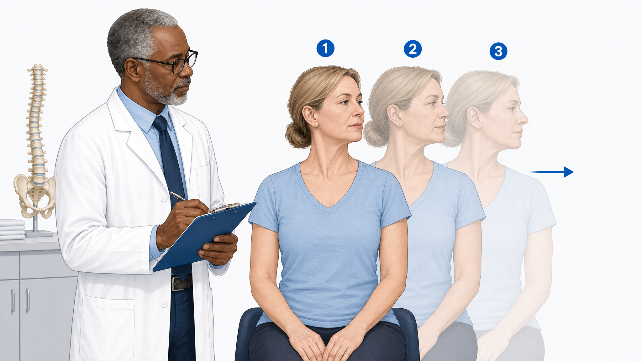 Patient repeating a spinal motion three times while the clinician records progressive findings