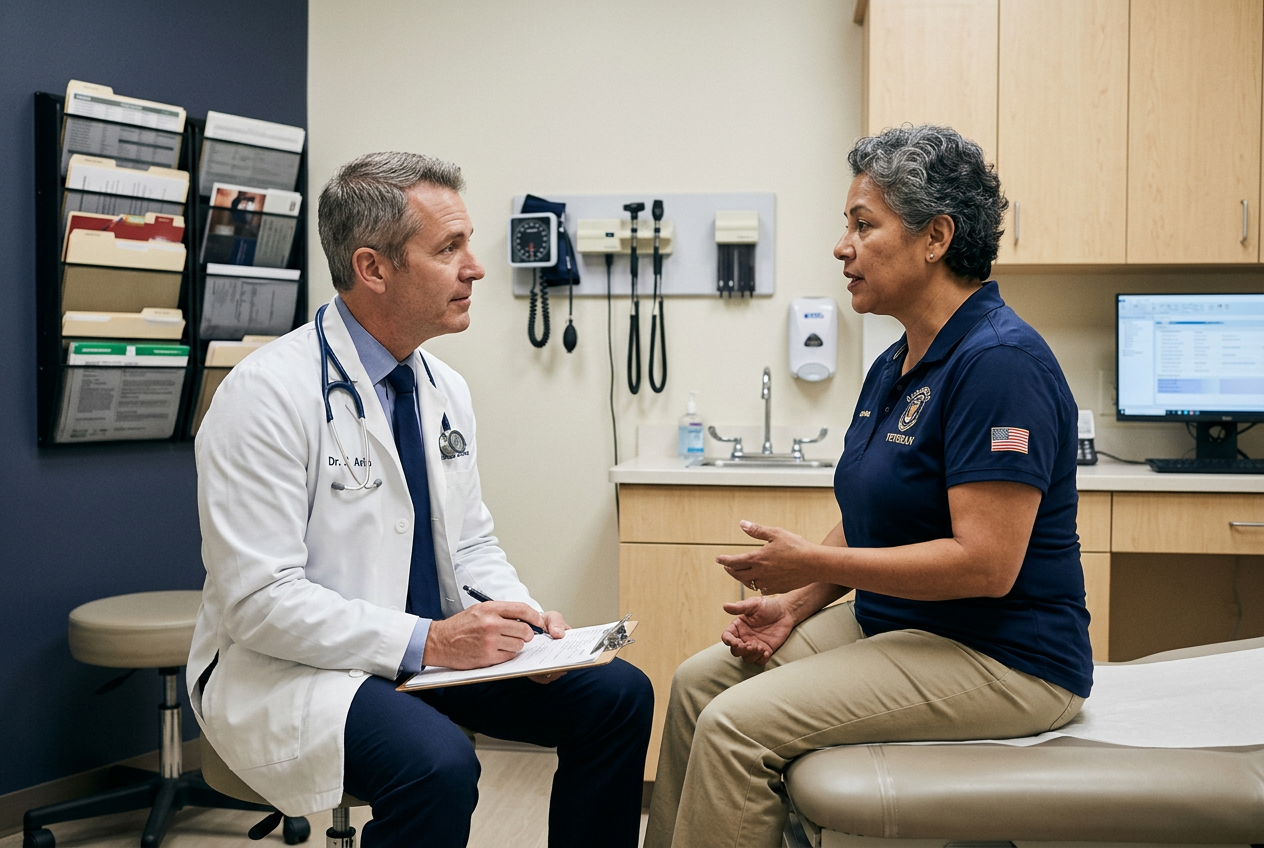 A doctor listening to a veteran patient during a consultation in a clean clinic exam room